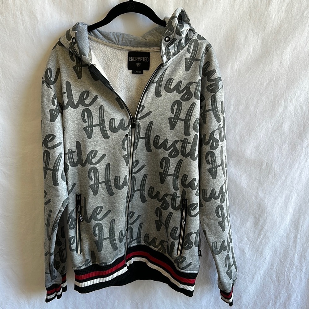 Encrypted Hustle gray bomber-style hoodie, size L